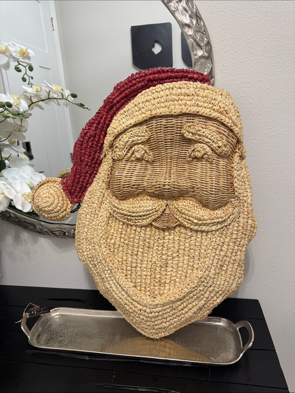 Pottery Barn Woven Santa Head Wall Hanging in Natural and Red